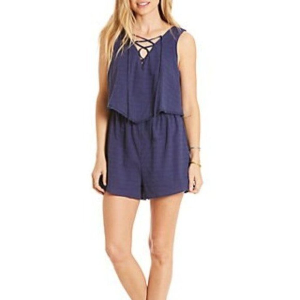 NEW Eyeshadow Clothing Women Blue Sleeveless Lattice Neck‎ Romper Size Large NWT